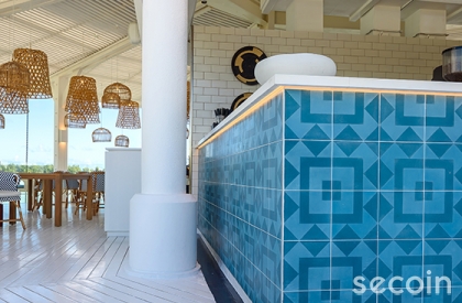 Encaustic cement tiles at reception desk